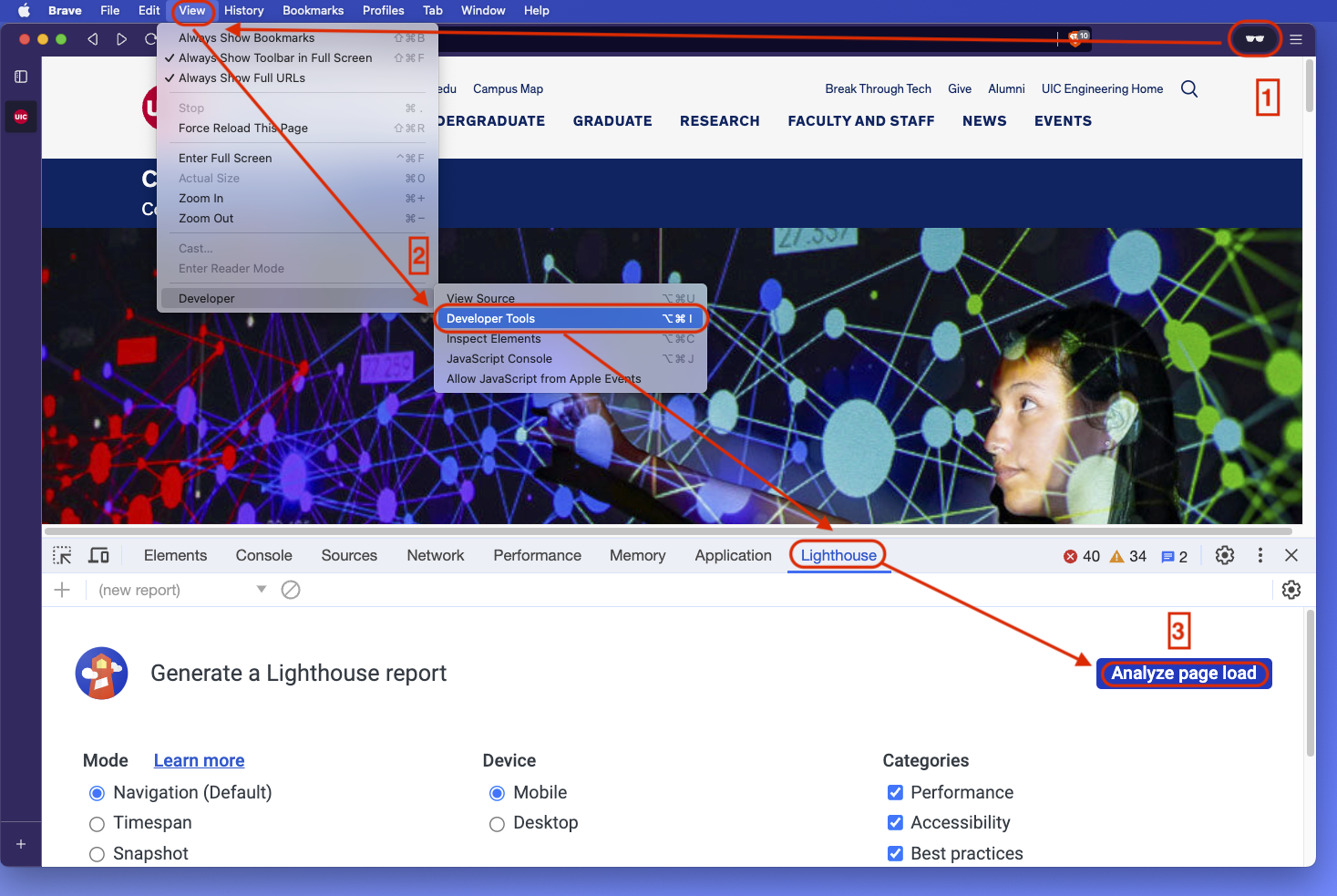 How to start a Lighthouse report.